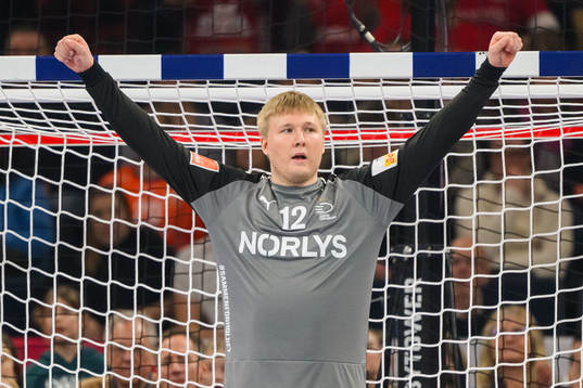 Goalkeeper Emil Nielsen of Denmark celebrates