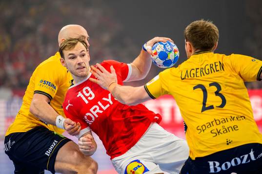 Mathias Gidsel of Denmark and Albin Lagergren of Sweden
