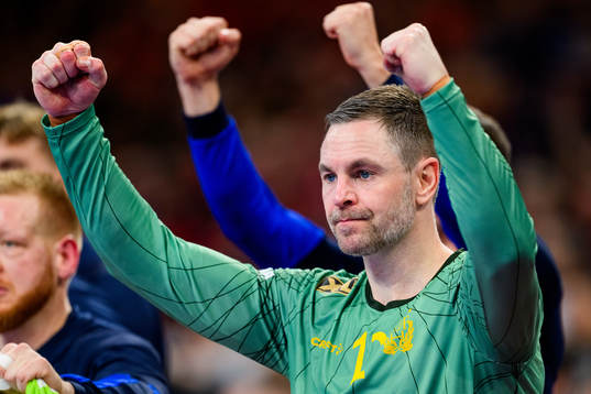 Goalkeeper Andreas Palicka of Sweden celebrates