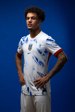 Oscar Bobb of the Norwegian national football team poses