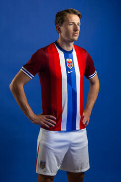 Sander Berge of the Norwegian national football team poses
