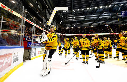 Skellefteås spelare med målvakt Linus Söderström jublar