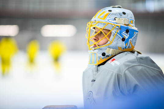 Goaltender Tindra Holm of Sweden at a practice session