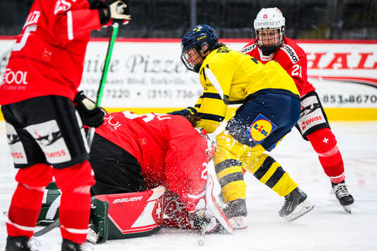 Goaltender Andrea Braendli of Switzerland, Anna Kjellbin of