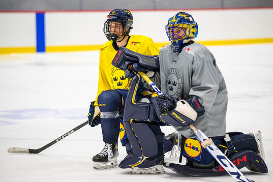 Ida Karlsson and goaltender Ida Boman of Sweden at a