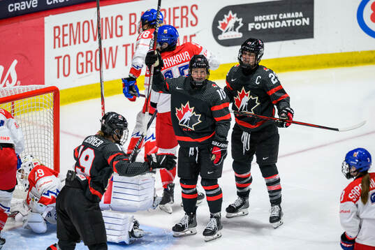 Sarah Fillier of Canada celebrates scoring 5-0