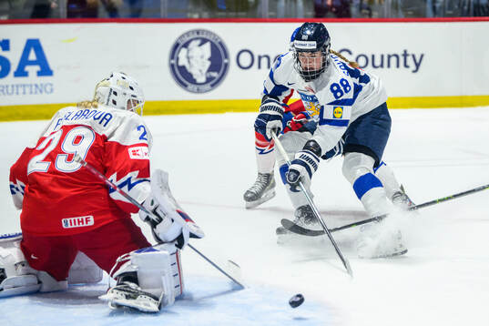 Goaltender Klara Peslarova of Czech Republic and Ronja