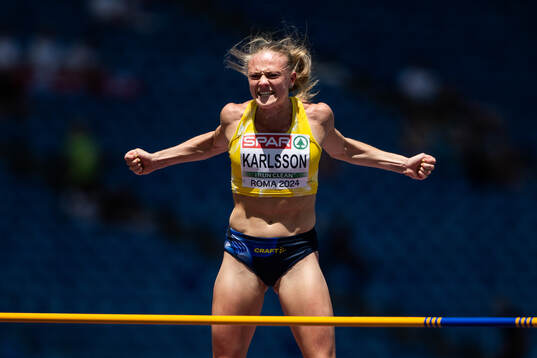 Lovisa Karlsson of Sweden celebrates when competing in