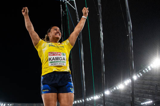 Vanessa Kamga of Sweden celebrates when competing in