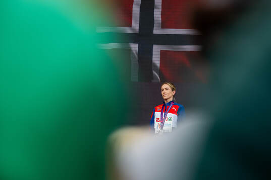 Karoline Bjerkeli Grøvdal of Norway at the medal ceremony