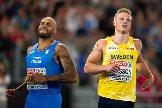 Lamont Marcell Jacobs of Italy and Henrik Larsson of Sweden