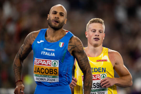 Lamont Marcell Jacobs of Italy and Henrik Larsson of Sweden
