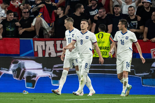 Ivan Ilic, Luka Jovic and Srdan Mijailovic of Serbia look