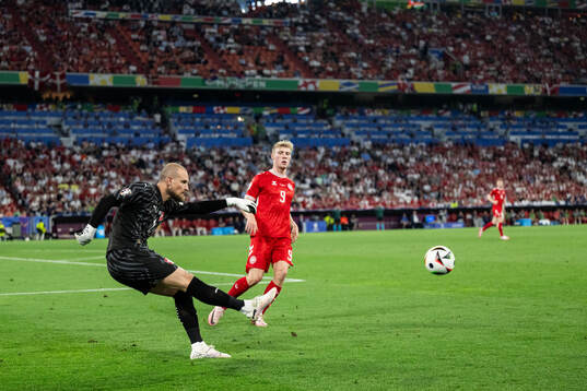 Goalkeeper Predrag Rajkovic of Serbia and Rasmus Højlund