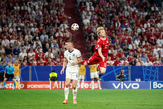 Nikola Milenkovic of Serbia and Kasper Dolberg of Denmark