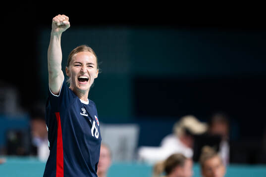 Stine Bredal Oftedal of Norway celebrates when competing in