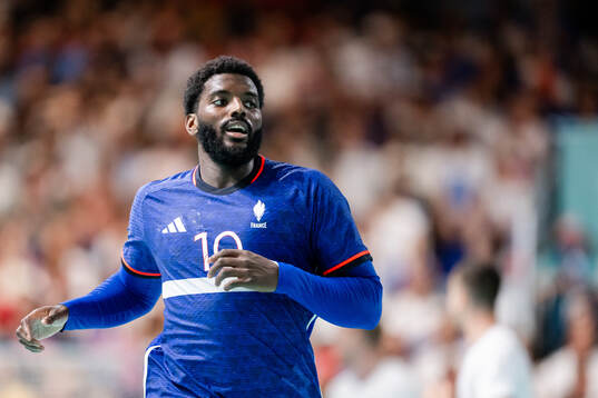 Dika Mem of France in a men's preliminary round handball