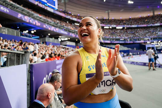 Vanessa Kamga of Sweden celebrates when competing in