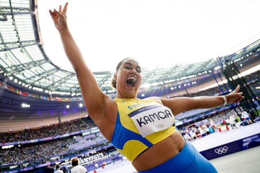 Vanessa Kamga of Sweden celebrates when competing in