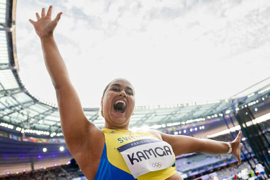 Vanessa Kamga of Sweden celebrates when competing in
