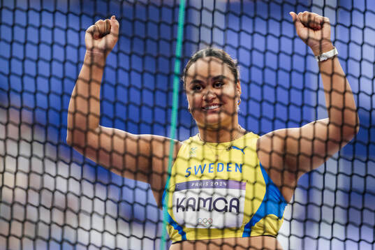 Vanessa Kamga of Sweden celebrates when competing in
