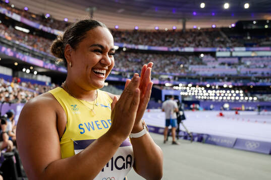 Vanessa Kamga of Sweden celebrates when competing in