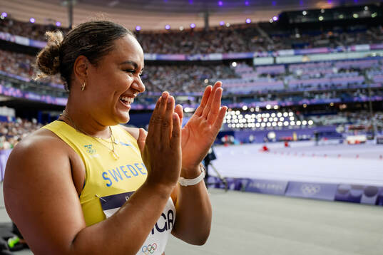 Vanessa Kamga of Sweden celebrates when competing in