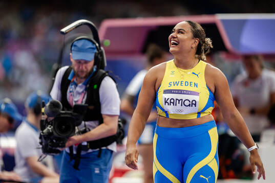Vanessa Kamga of Sweden celebrates when competing in