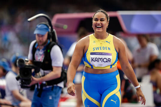 Vanessa Kamga of Sweden celebrates when competing in