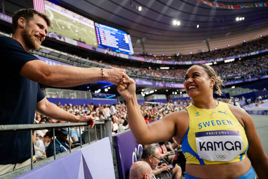 Vanessa Kamga of Sweden celebrates when competing in