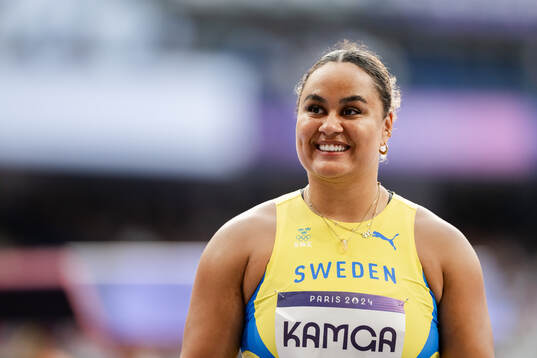 Vanessa Kamga of Sweden celebrates when competing in