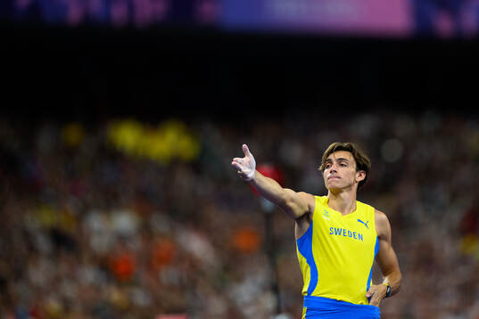 Armand Duplantis of Sweden celebrates in men's athletics