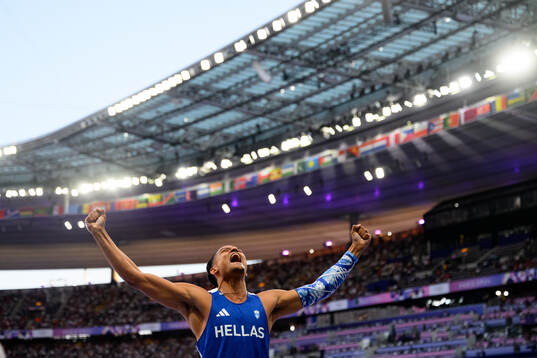 Emmanouil Karalis of Greece celebrates in men's athletics