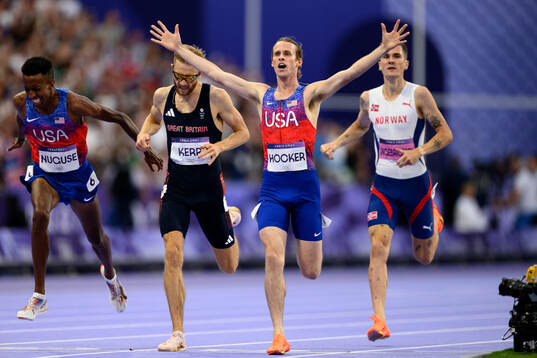 Cole Hocker of USA celebrates in the men's athletics 1500