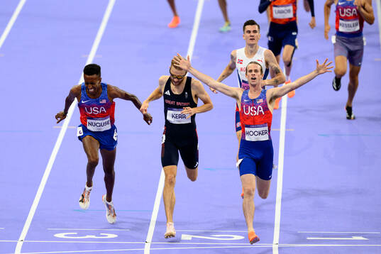 Cole Hocker of USA celebrates in the men's athletics 1500