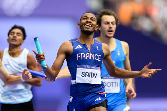 Fabrisio Saidy of France celebrates in men’s athletics