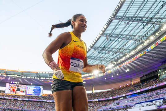 Yemesi Ogunleye of Germany celebrates when competing in