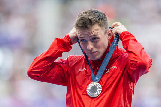 Silver medallist Karsten Warholm of Norway celebrates