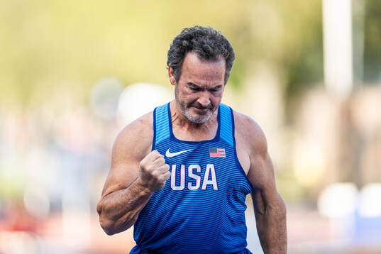 Wendell Beck of USA celebrates when competing in men's M65