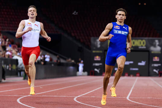 Karsten Warholm of Norway and Armand Duplantis of Sweden