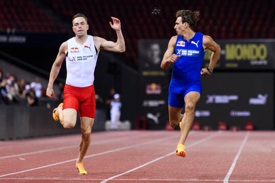 Karsten Warholm of Norway and Armand Duplantis of Sweden