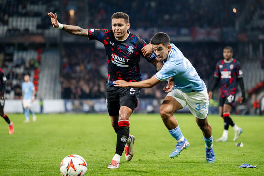 James Tavernier of Rangers and Zakaria Loukili of Malmö FF