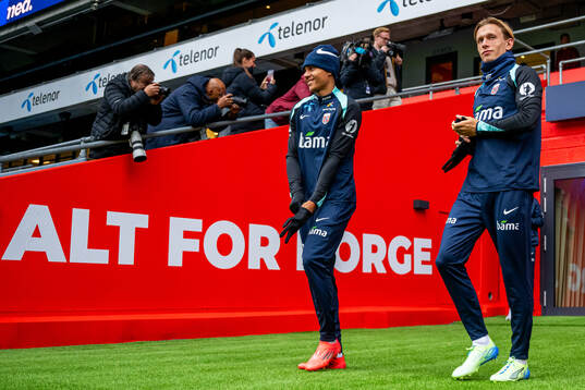 Antonio Nusa and Marcus Holmgren Pedersen of the Norwegian