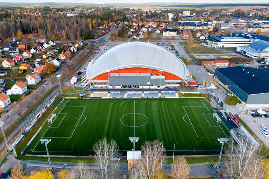 Drönarvy av Jernvallen och Göransson Arena