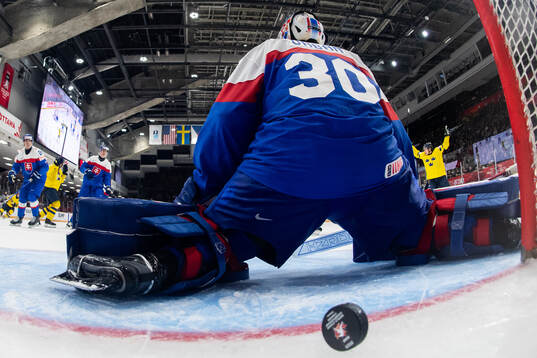 Axel Sandin-Pellikka of Sweden scores 1-4 behind goaltender