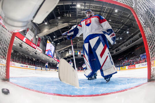 Goaltender Samuel Urban of Slovakia looks dejected