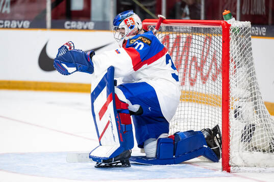 Goaltender Samuel Urban of Slovakia looks dejected
