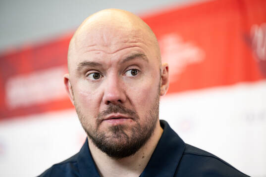 Assistant coach Nicklas Grossmann of Sweden is interviewed