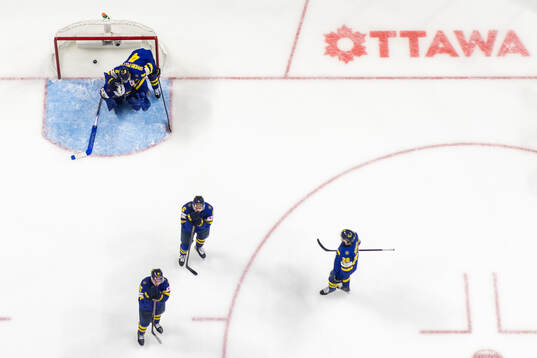 Goaltender Melker Thelin, Axel Sandin-Pellikka, David