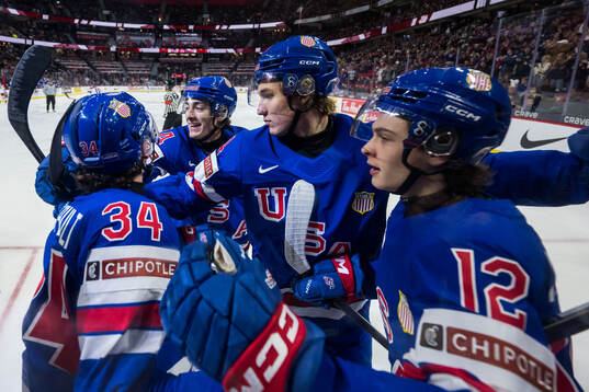 Gabe Perreault, Aram Minnetian and James Hagens of USA